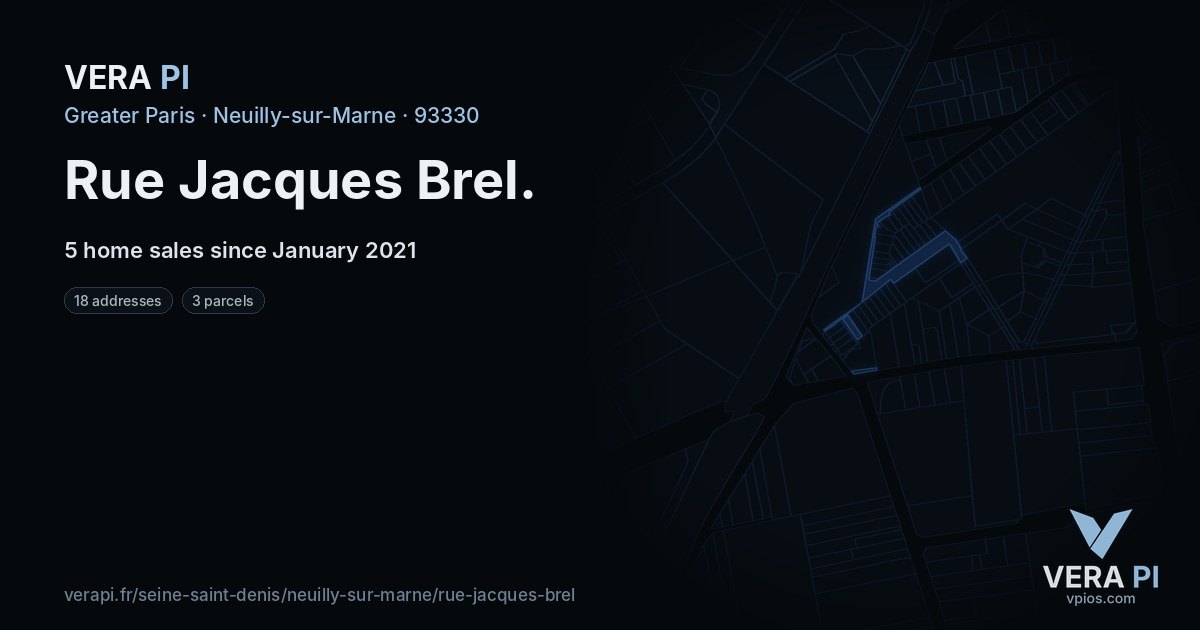 Rue Jacques Brel, Neuilly-sur-Marne at night – every parcel coloured by the prices around it, the street's own parcels lit