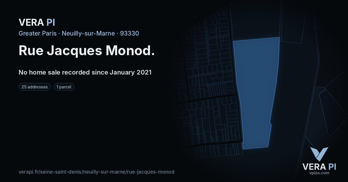 Rue Jacques Monod, Neuilly-sur-Marne at night – every parcel coloured by the prices around it, the street's own parcels lit