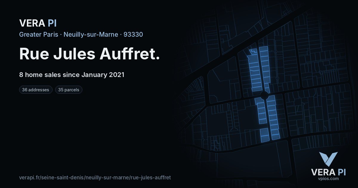 Rue Jules Auffret, Neuilly-sur-Marne at night – every parcel coloured by the prices around it, the street's own parcels lit