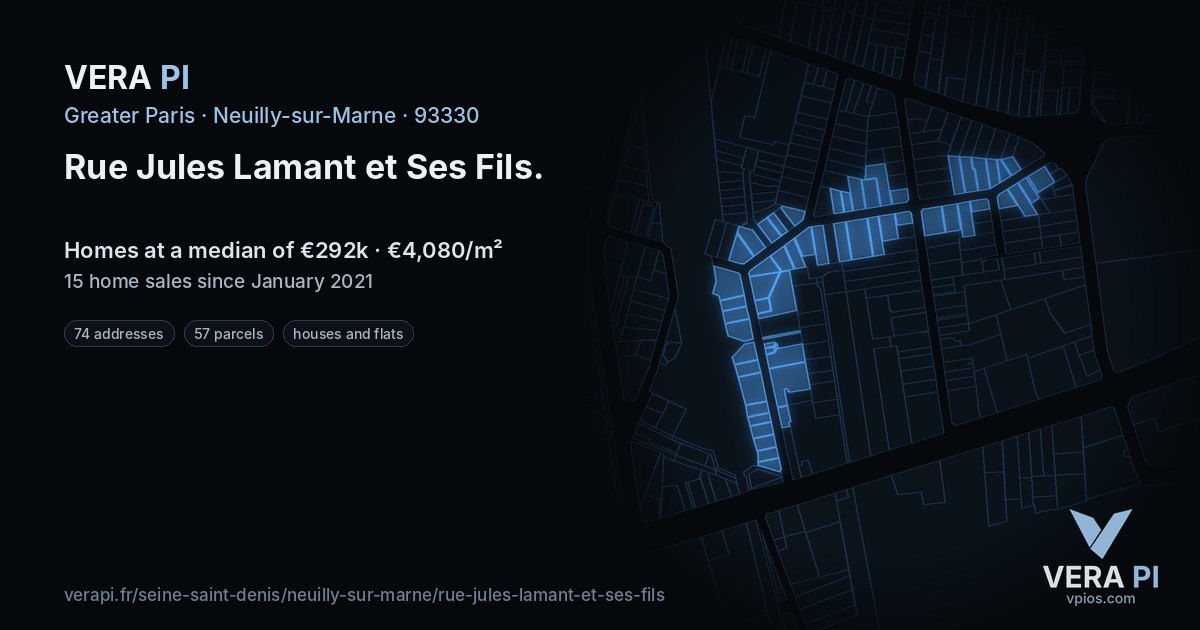 Rue Jules Lamant et Ses Fils, Neuilly-sur-Marne at night – every parcel coloured by the prices around it, the street's own parcels lit