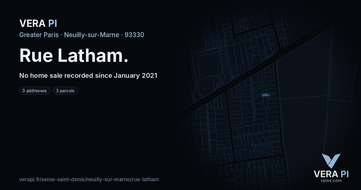 Rue Latham, Neuilly-sur-Marne at night – every parcel coloured by the prices around it, the street's own parcels lit