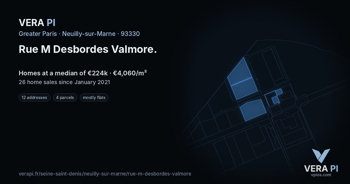 Rue M Desbordes Valmore, Neuilly-sur-Marne at night – every parcel coloured by the prices around it, the street's own parcels lit