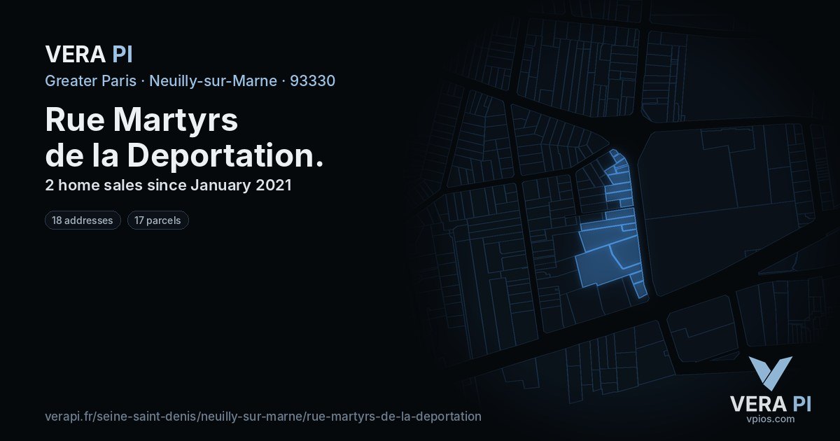 Rue Martyrs de la Deportation, Neuilly-sur-Marne at night – every parcel coloured by the prices around it, the street's own parcels lit