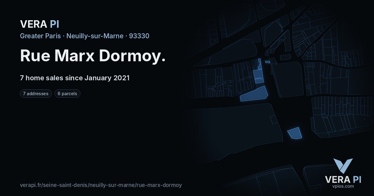Rue Marx Dormoy, Neuilly-sur-Marne at night – every parcel coloured by the prices around it, the street's own parcels lit