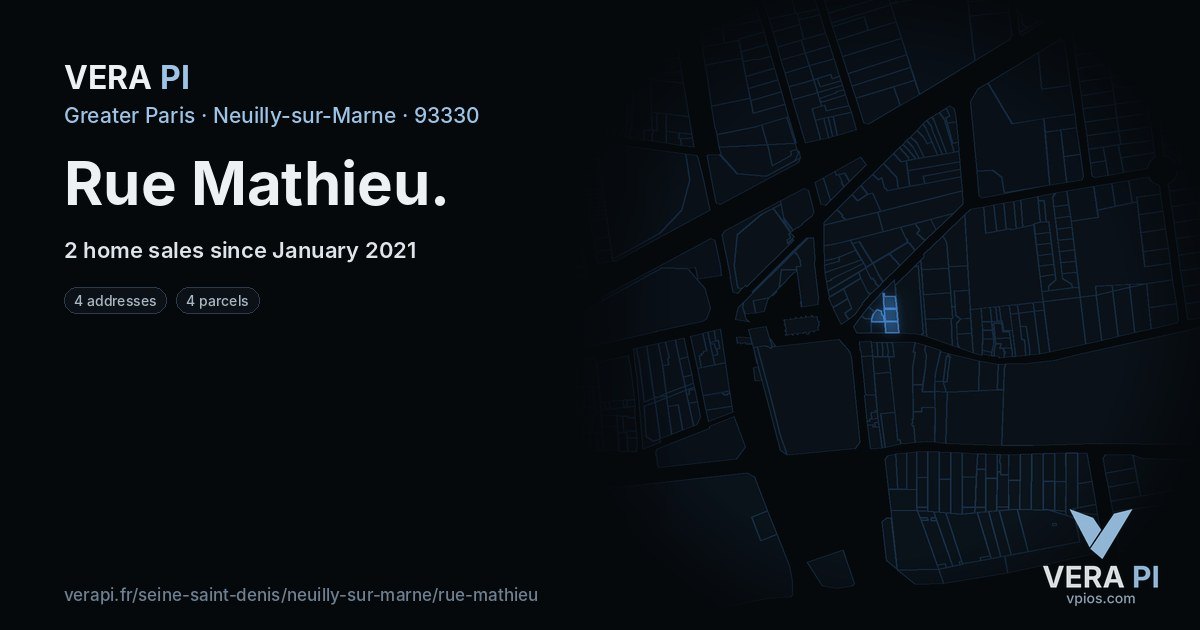 Rue Mathieu, Neuilly-sur-Marne at night – every parcel coloured by the prices around it, the street's own parcels lit