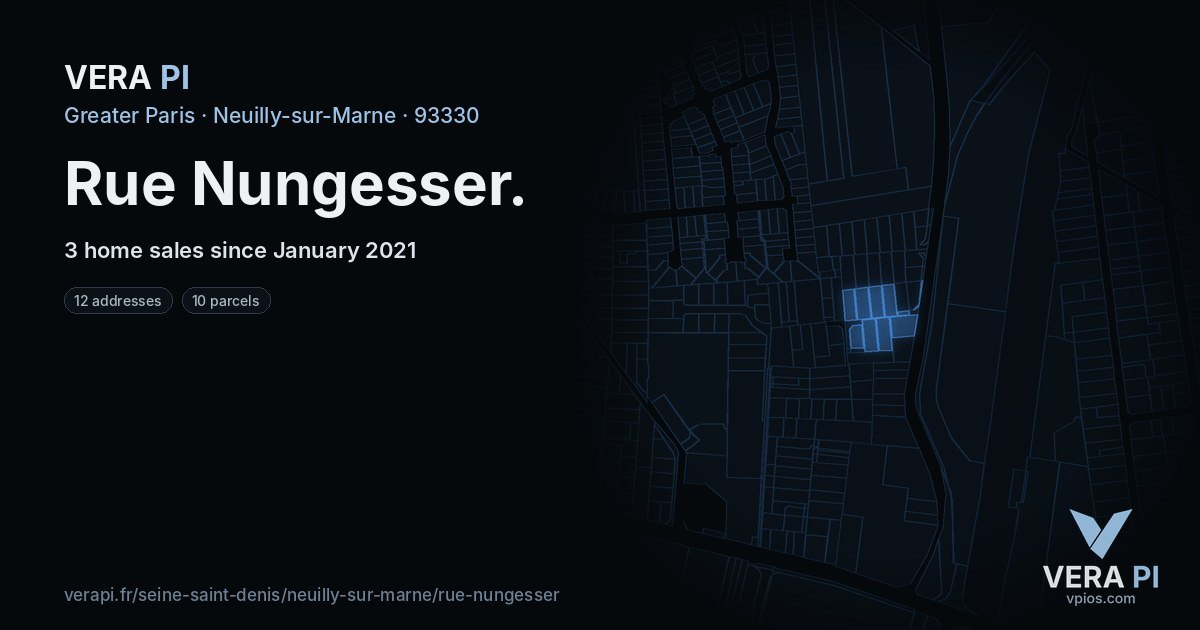 Rue Nungesser, Neuilly-sur-Marne at night – every parcel coloured by the prices around it, the street's own parcels lit