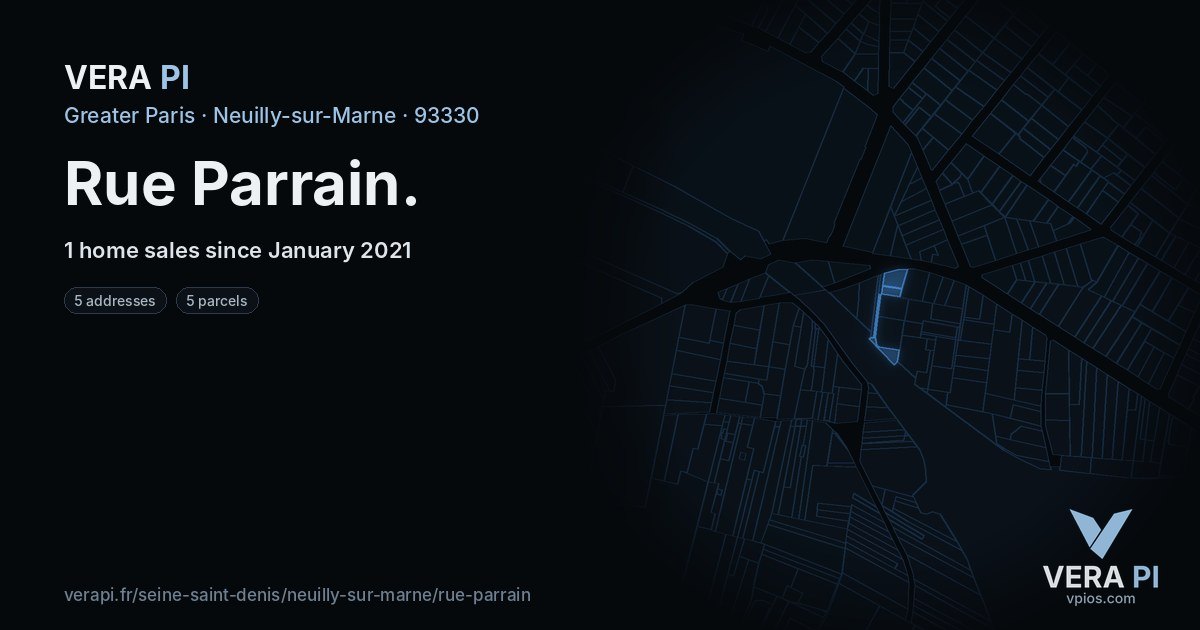 Rue Parrain, Neuilly-sur-Marne at night – every parcel coloured by the prices around it, the street's own parcels lit