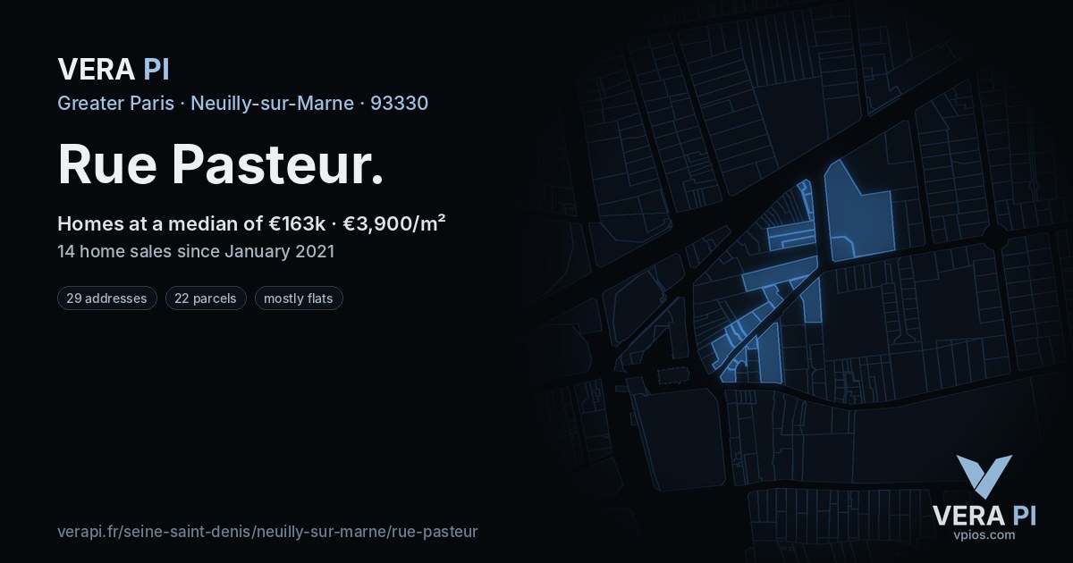 Rue Pasteur, Neuilly-sur-Marne at night – every parcel coloured by the prices around it, the street's own parcels lit