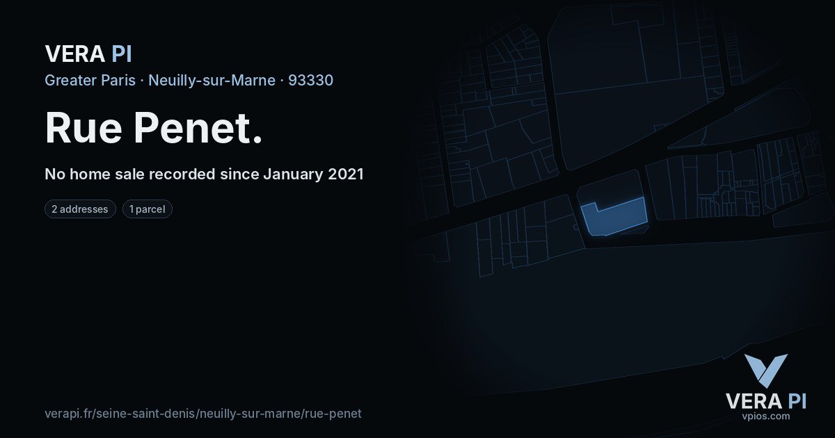 Rue Penet, Neuilly-sur-Marne at night – every parcel coloured by the prices around it, the street's own parcels lit