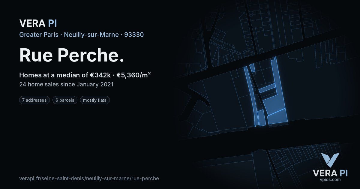 Rue Perche, Neuilly-sur-Marne at night – every parcel coloured by the prices around it, the street's own parcels lit
