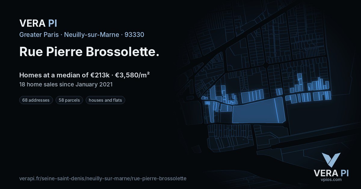 Rue Pierre Brossolette, Neuilly-sur-Marne at night – every parcel coloured by the prices around it, the street's own parcels lit