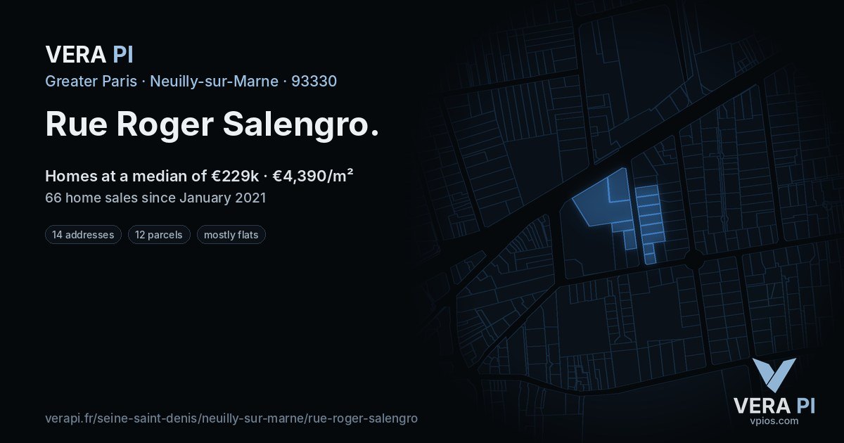 Rue Roger Salengro, Neuilly-sur-Marne at night – every parcel coloured by the prices around it, the street's own parcels lit
