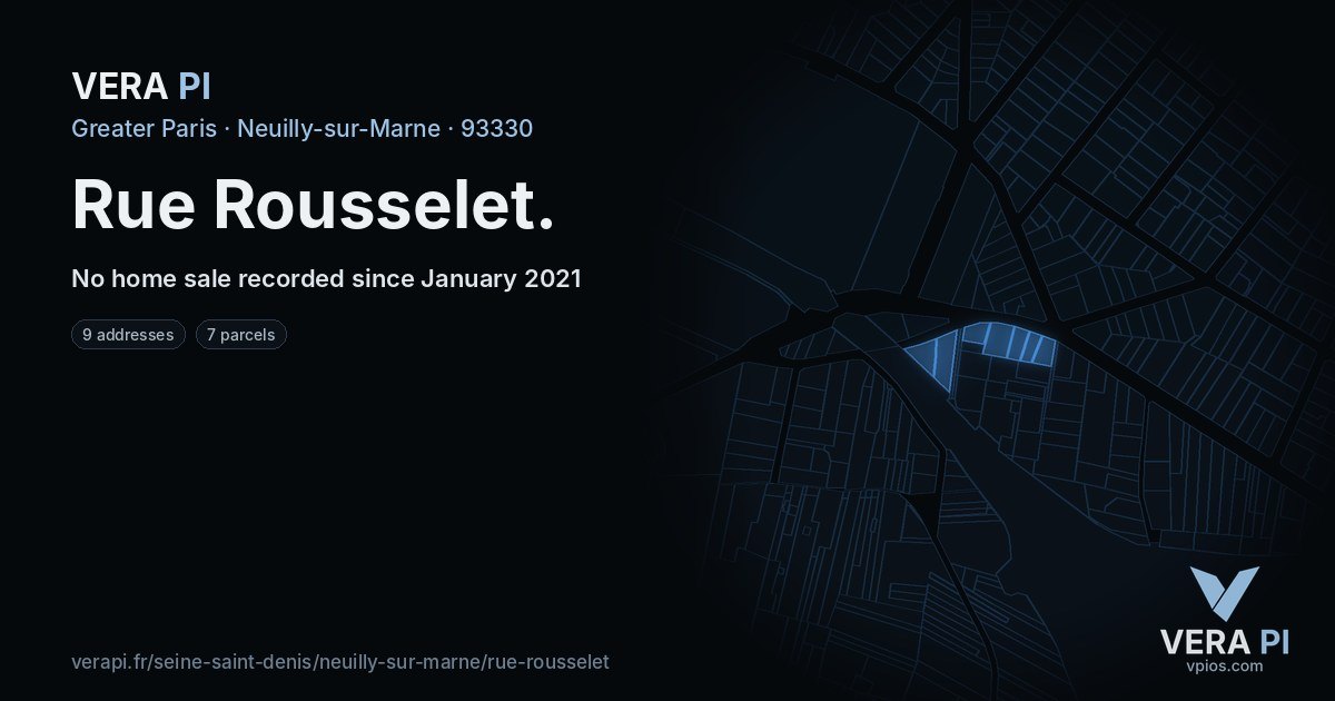 Rue Rousselet, Neuilly-sur-Marne at night – every parcel coloured by the prices around it, the street's own parcels lit