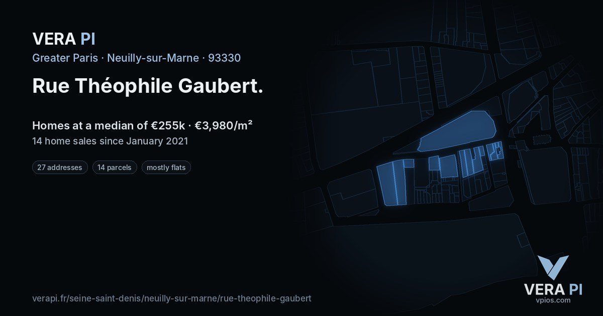 Rue Théophile Gaubert, Neuilly-sur-Marne at night – every parcel coloured by the prices around it, the street's own parcels lit