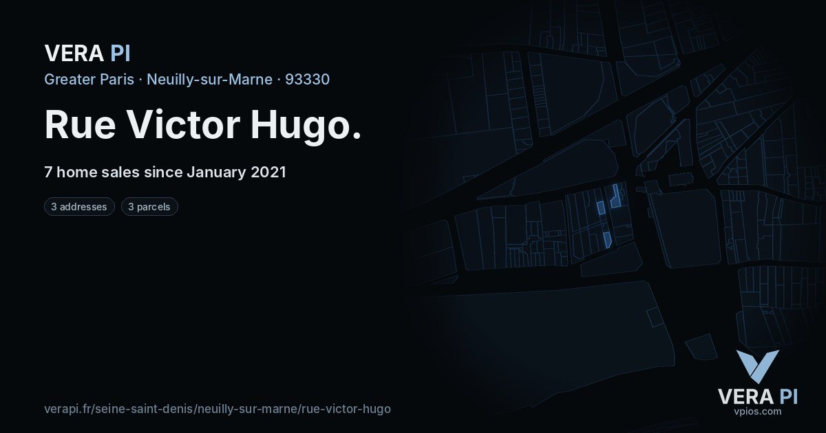 Rue Victor Hugo, Neuilly-sur-Marne at night – every parcel coloured by the prices around it, the street's own parcels lit