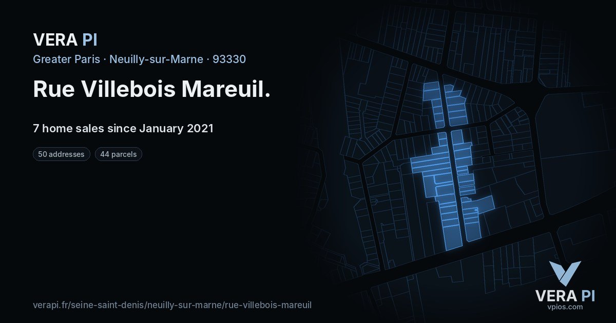 Rue Villebois Mareuil, Neuilly-sur-Marne at night – every parcel coloured by the prices around it, the street's own parcels lit