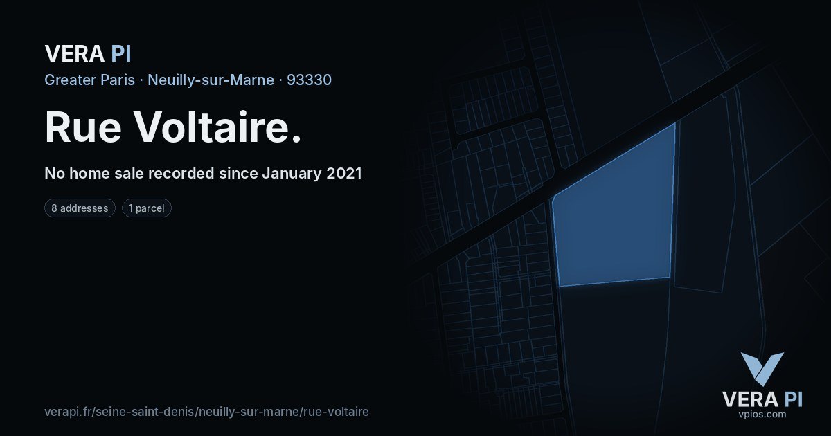 Rue Voltaire, Neuilly-sur-Marne at night – every parcel coloured by the prices around it, the street's own parcels lit
