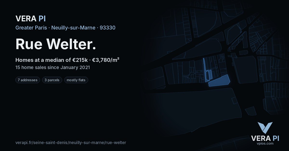 Rue Welter, Neuilly-sur-Marne at night – every parcel coloured by the prices around it, the street's own parcels lit