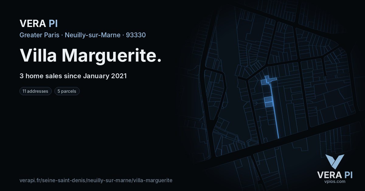 Villa Marguerite, Neuilly-sur-Marne at night – every parcel coloured by the prices around it, the street's own parcels lit
