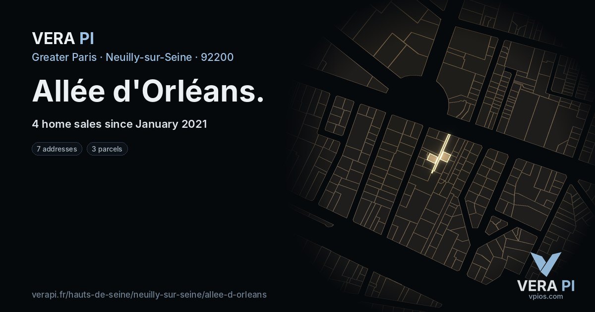 Allée d'Orléans, Neuilly-sur-Seine at night – every parcel coloured by the prices around it, the street's own parcels lit