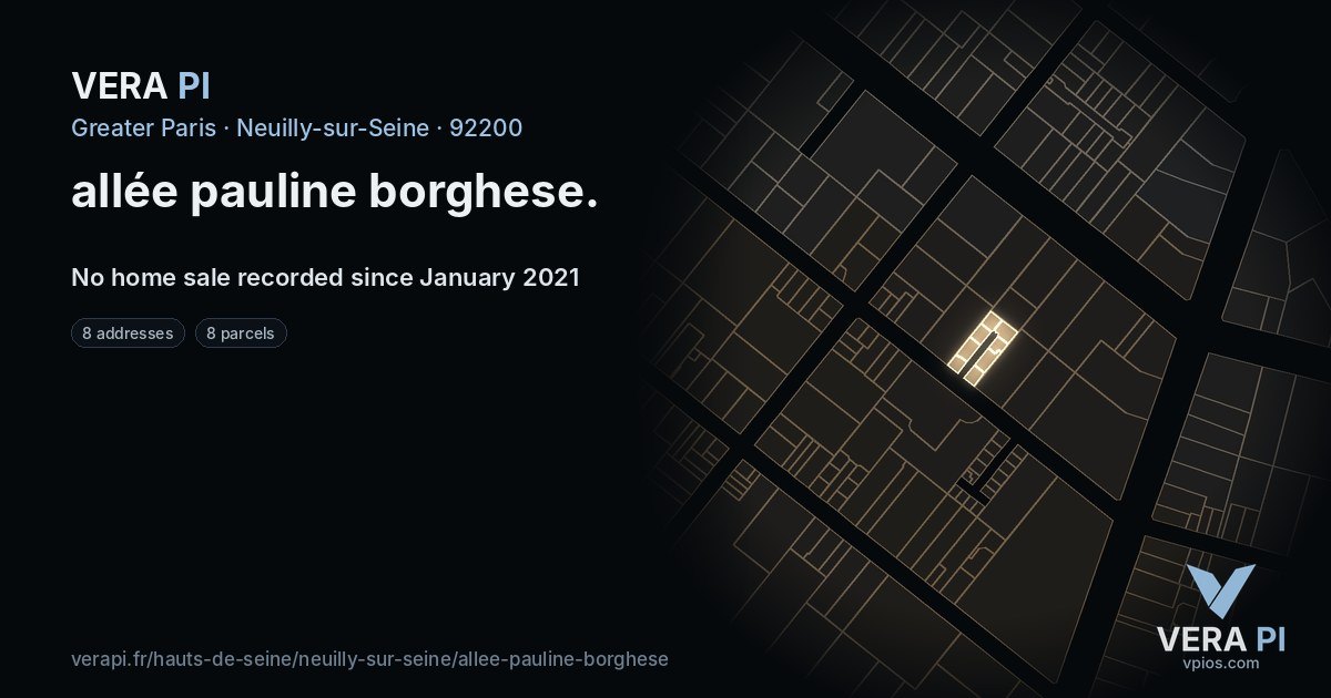 allée pauline borghese, Neuilly-sur-Seine at night – every parcel coloured by the prices around it, the street's own parcels lit