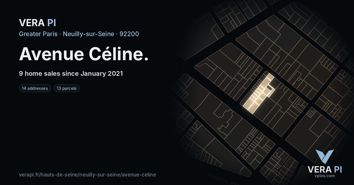 Avenue Céline, Neuilly-sur-Seine at night – every parcel coloured by the prices around it, the street's own parcels lit