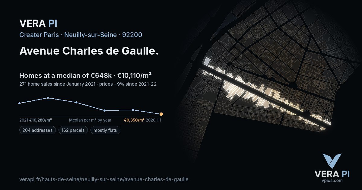 Avenue Charles de Gaulle, Neuilly-sur-Seine at night – every parcel coloured by the prices around it, the street's own parcels lit
