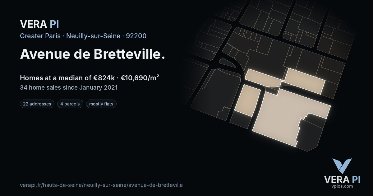 Avenue de Bretteville, Neuilly-sur-Seine at night – every parcel coloured by the prices around it, the street's own parcels lit