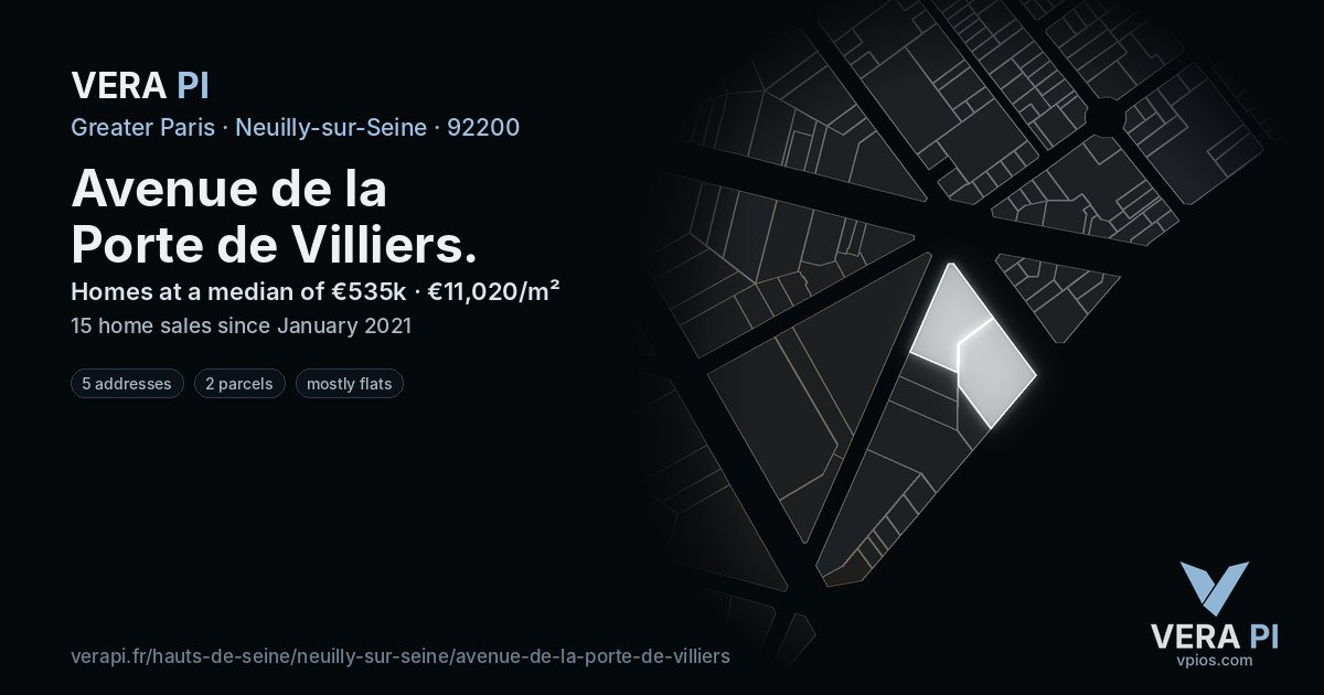 Avenue de la Porte de Villiers, Neuilly-sur-Seine at night – every parcel coloured by the prices around it, the street's own parcels lit