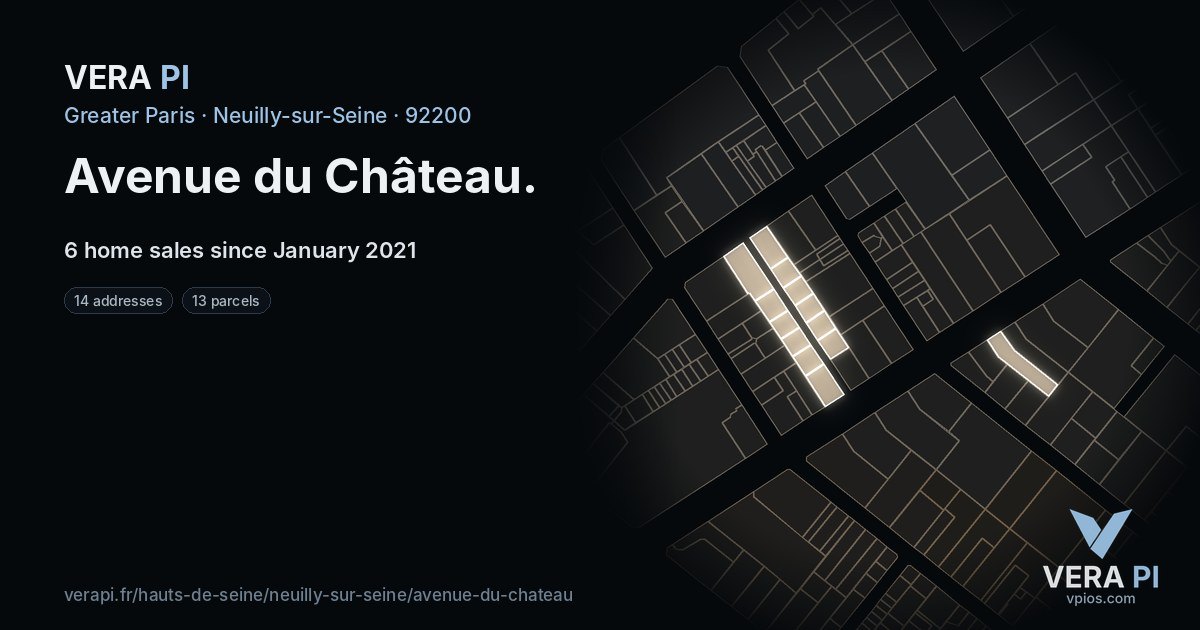 Avenue du Château, Neuilly-sur-Seine at night – every parcel coloured by the prices around it, the street's own parcels lit