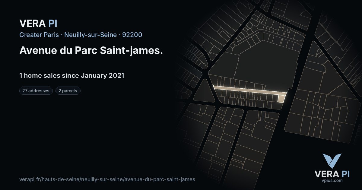 Avenue du Parc Saint-james, Neuilly-sur-Seine at night – every parcel coloured by the prices around it, the street's own parcels lit