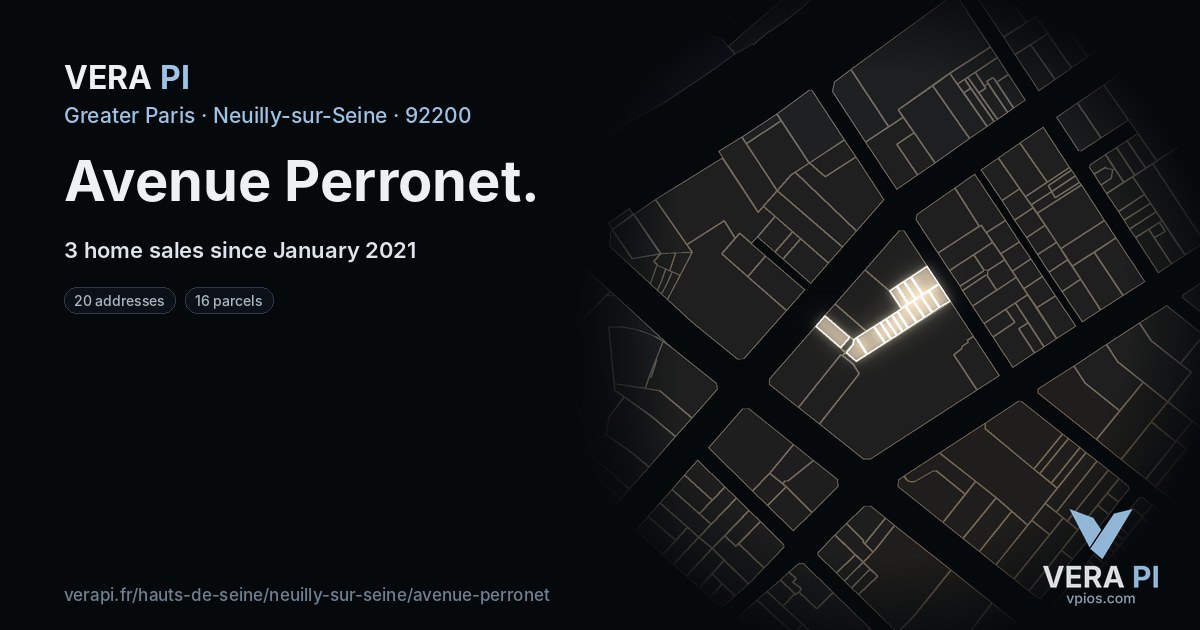 Avenue Perronet, Neuilly-sur-Seine at night – every parcel coloured by the prices around it, the street's own parcels lit