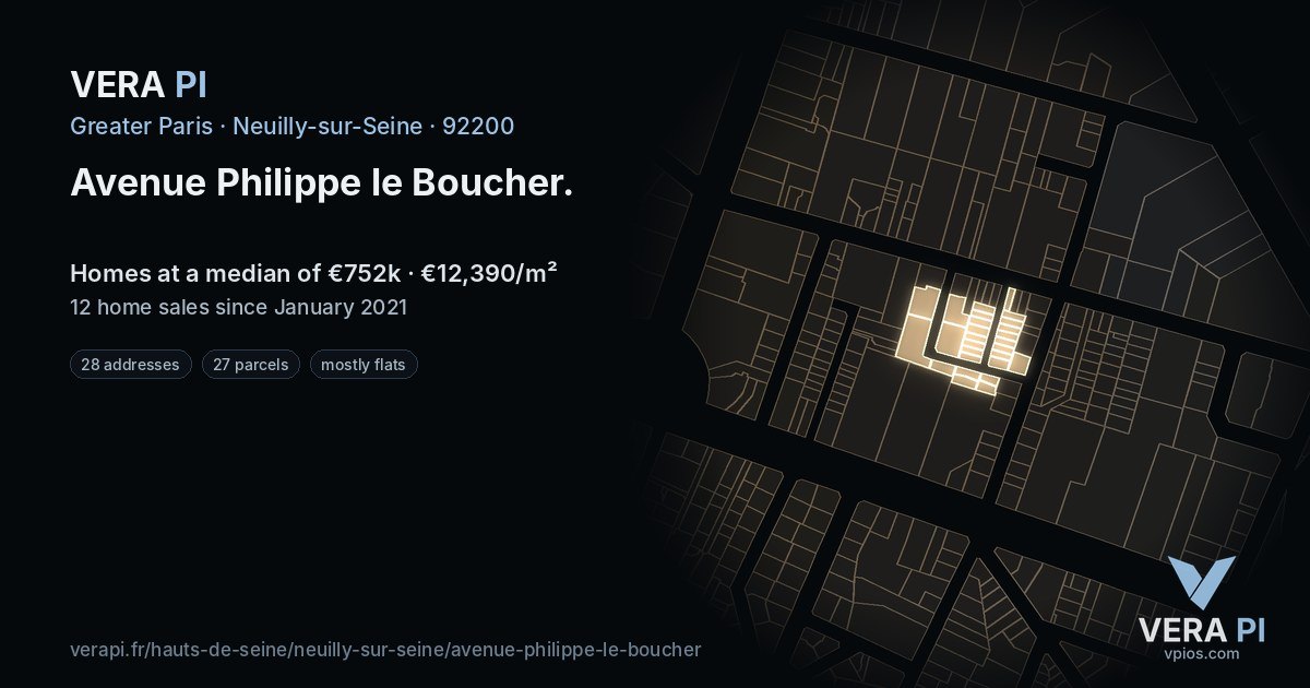 Avenue Philippe le Boucher, Neuilly-sur-Seine at night – every parcel coloured by the prices around it, the street's own parcels lit
