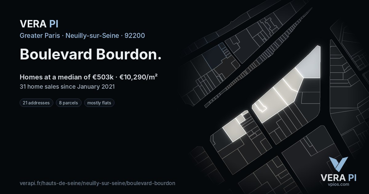 Boulevard Bourdon, Neuilly-sur-Seine at night – every parcel coloured by the prices around it, the street's own parcels lit