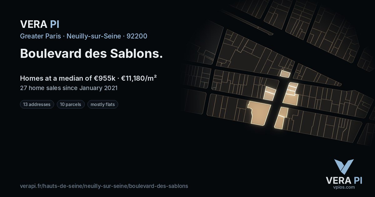 Boulevard des Sablons, Neuilly-sur-Seine at night – every parcel coloured by the prices around it, the street's own parcels lit