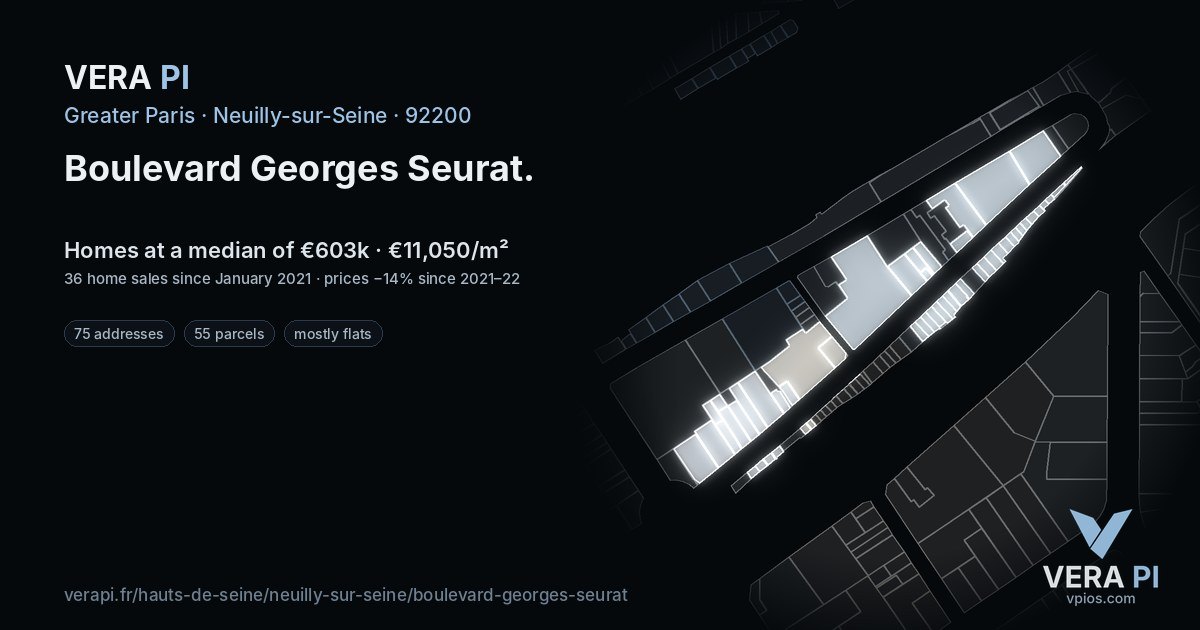 Boulevard Georges Seurat, Neuilly-sur-Seine at night – every parcel coloured by the prices around it, the street's own parcels lit