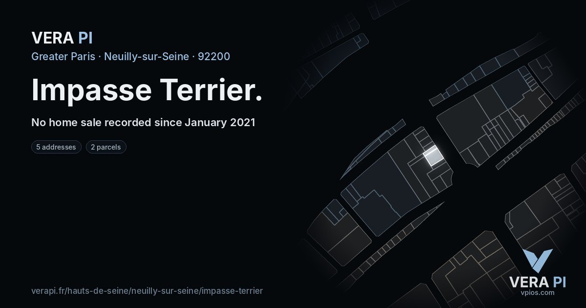 Impasse Terrier, Neuilly-sur-Seine at night – every parcel coloured by the prices around it, the street's own parcels lit