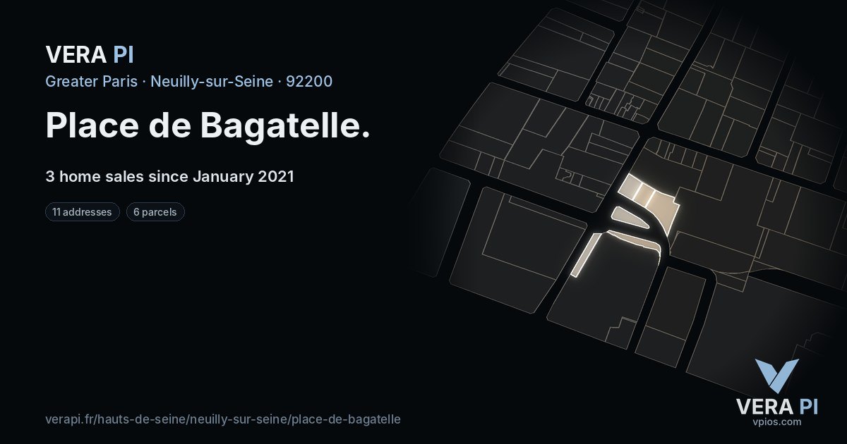 Place de Bagatelle, Neuilly-sur-Seine at night – every parcel coloured by the prices around it, the street's own parcels lit