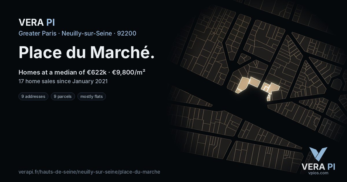 Place du Marché, Neuilly-sur-Seine at night – every parcel coloured by the prices around it, the street's own parcels lit
