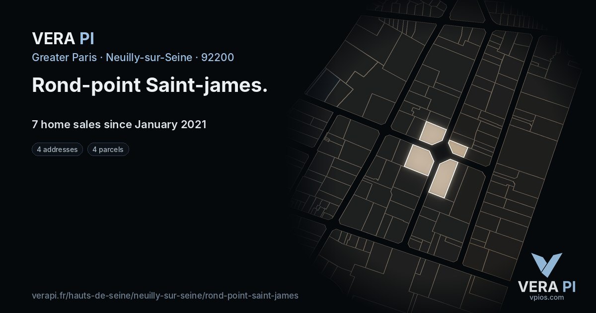 Rond-point Saint-james, Neuilly-sur-Seine at night – every parcel coloured by the prices around it, the street's own parcels lit