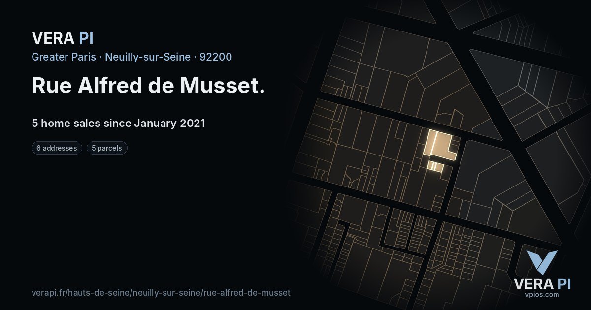 Rue Alfred de Musset, Neuilly-sur-Seine at night – every parcel coloured by the prices around it, the street's own parcels lit