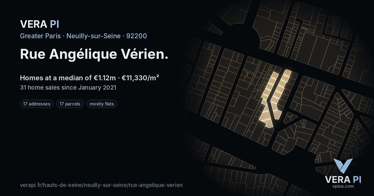 Rue Angélique Vérien, Neuilly-sur-Seine at night – every parcel coloured by the prices around it, the street's own parcels lit