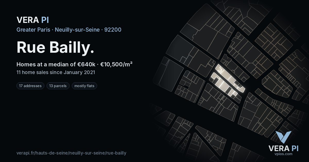 Rue Bailly, Neuilly-sur-Seine at night – every parcel coloured by the prices around it, the street's own parcels lit