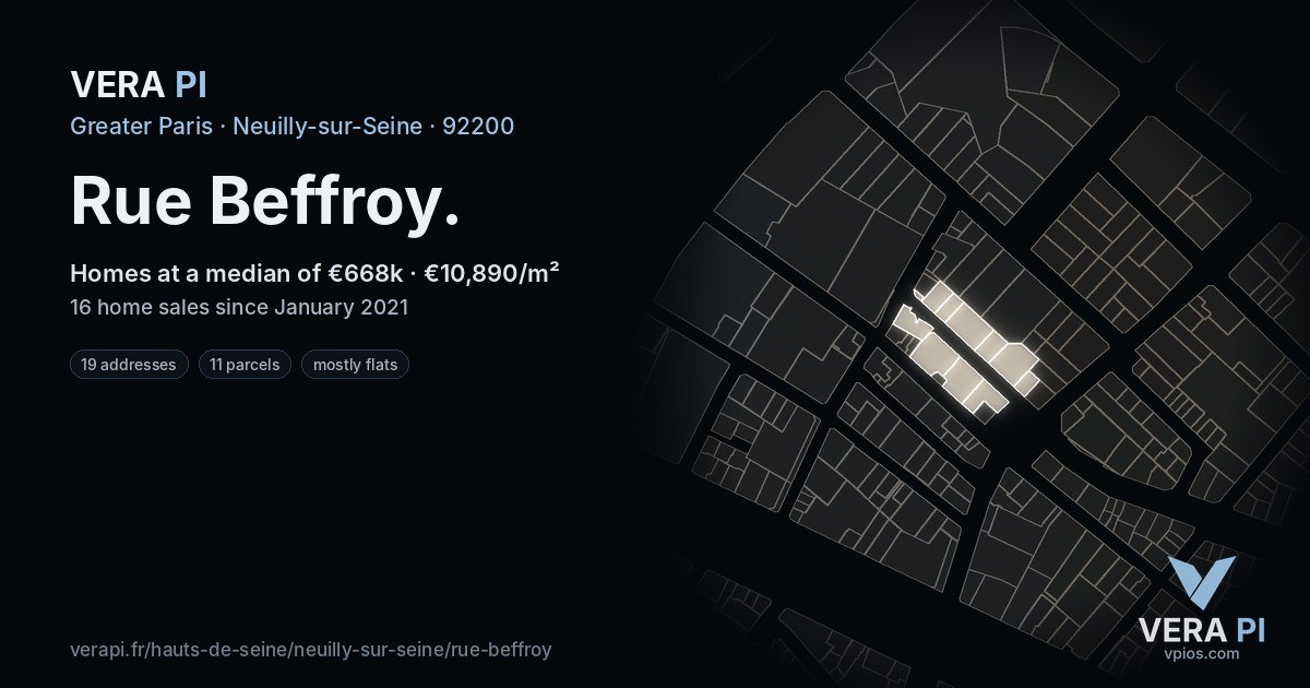Rue Beffroy, Neuilly-sur-Seine at night – every parcel coloured by the prices around it, the street's own parcels lit