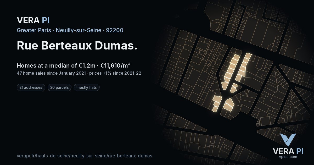 Rue Berteaux Dumas, Neuilly-sur-Seine at night – every parcel coloured by the prices around it, the street's own parcels lit