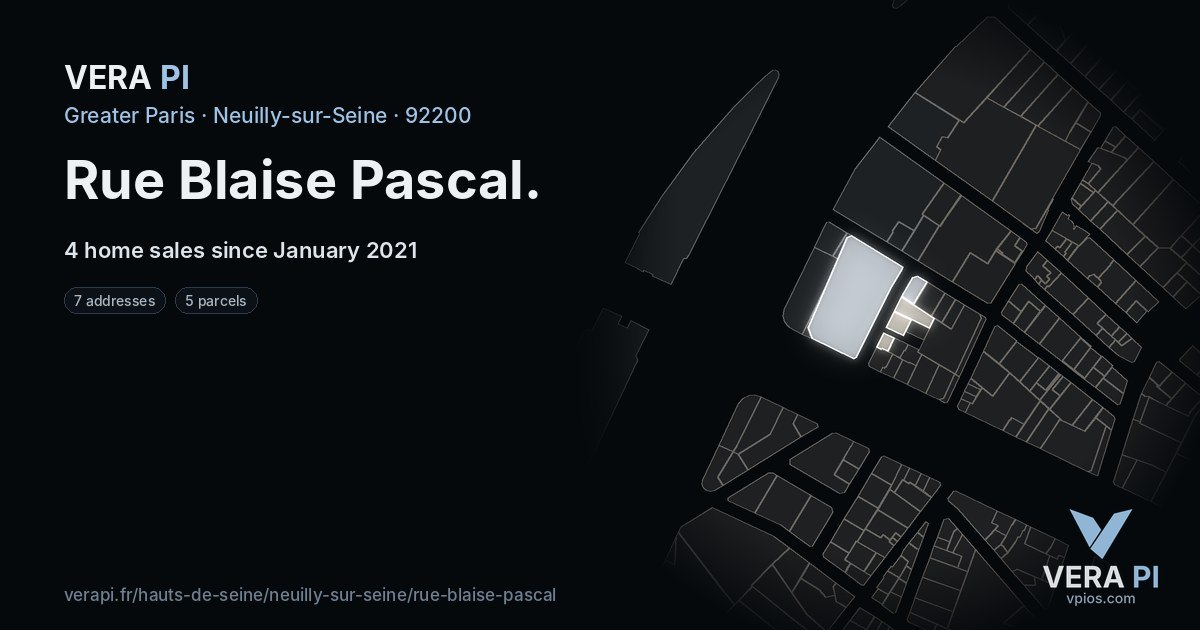 Rue Blaise Pascal, Neuilly-sur-Seine at night – every parcel coloured by the prices around it, the street's own parcels lit