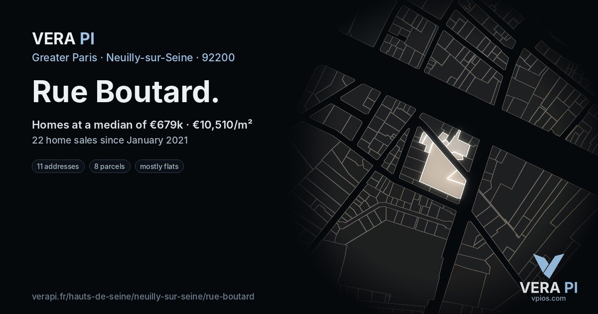 Rue Boutard, Neuilly-sur-Seine at night – every parcel coloured by the prices around it, the street's own parcels lit