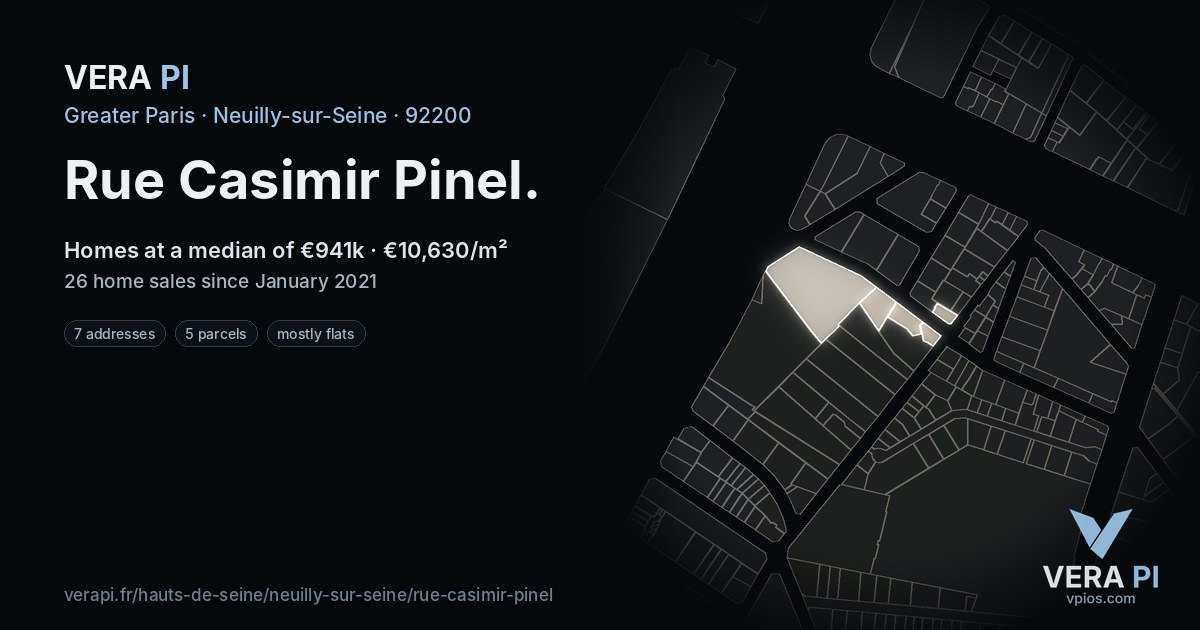 Rue Casimir Pinel, Neuilly-sur-Seine at night – every parcel coloured by the prices around it, the street's own parcels lit