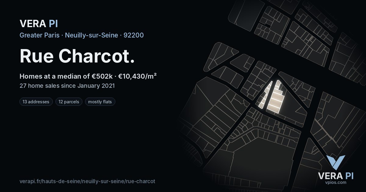 Rue Charcot, Neuilly-sur-Seine at night – every parcel coloured by the prices around it, the street's own parcels lit