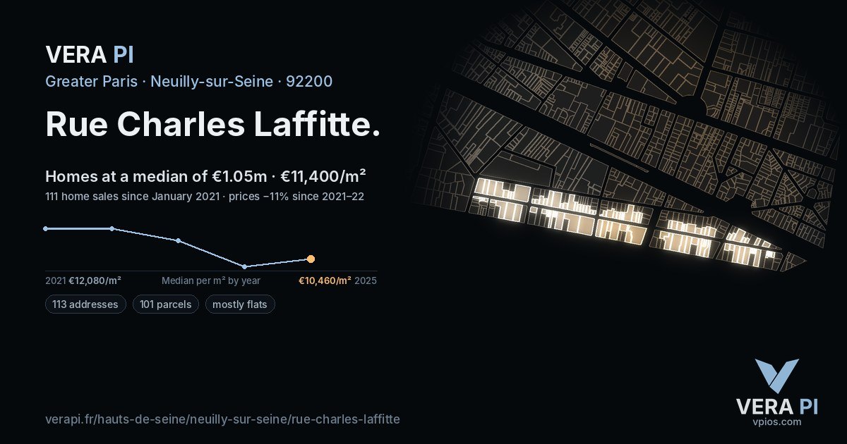 Rue Charles Laffitte, Neuilly-sur-Seine at night – every parcel coloured by the prices around it, the street's own parcels lit